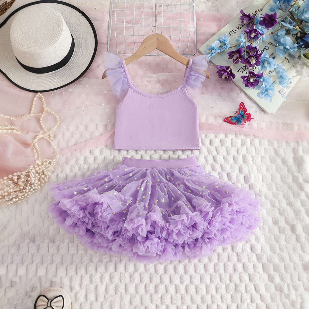 Girls Purple Graphics Crop Top With Tulle Ruffles Skirts Set Sets