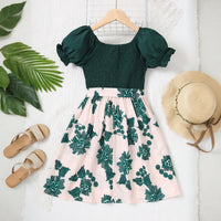 Girls Dark Green Floral Print Smocked Casual Dress Casual Dresses
