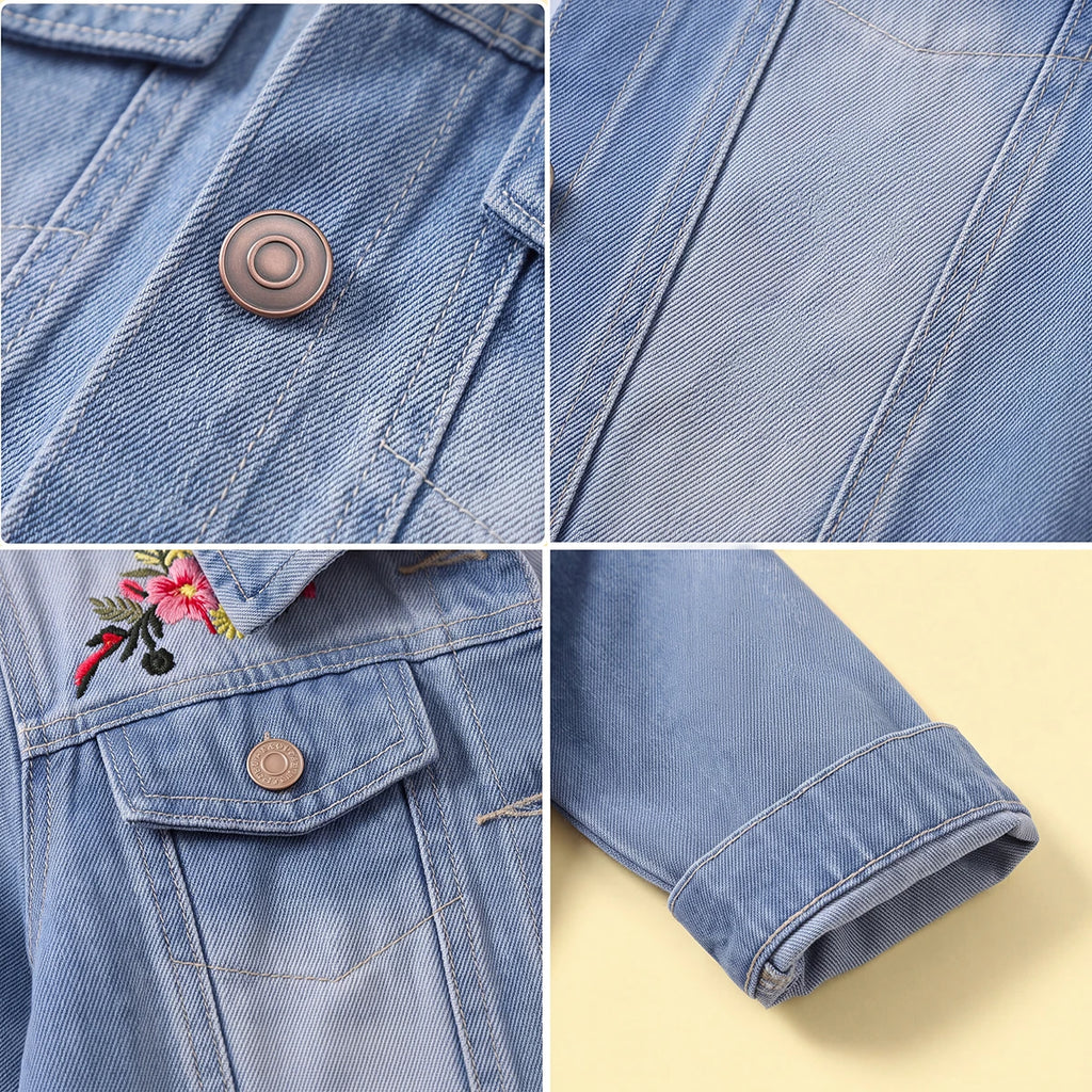 Girls Blue Floral Embroidered Long Sleeve Denim Jacket Coats & Jackets