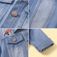 Girls Blue Floral Embroidered Long Sleeve Denim Jacket Coats & Jackets