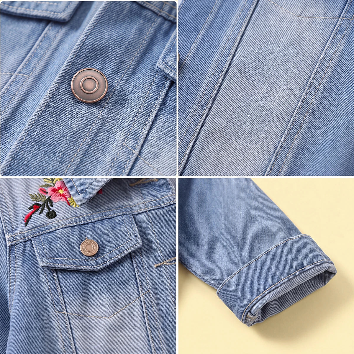 Girls Blue Floral Embroidered Long Sleeve Denim Jacket Coats & Jackets