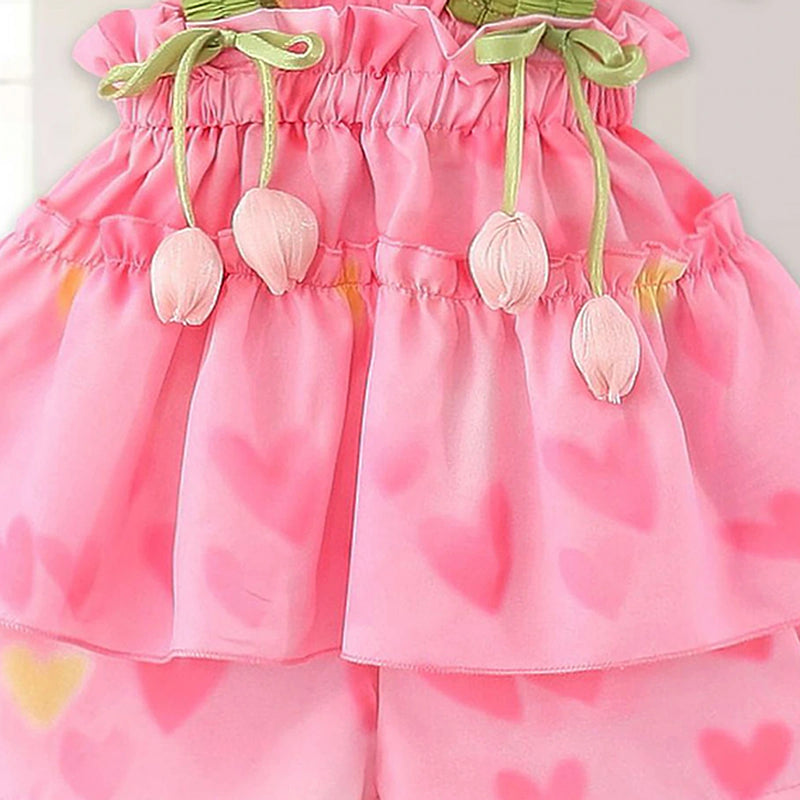 Girls Pink Heart Printed Sleeveless Top With Elasticated Shorts Sets 2 pc. Sets