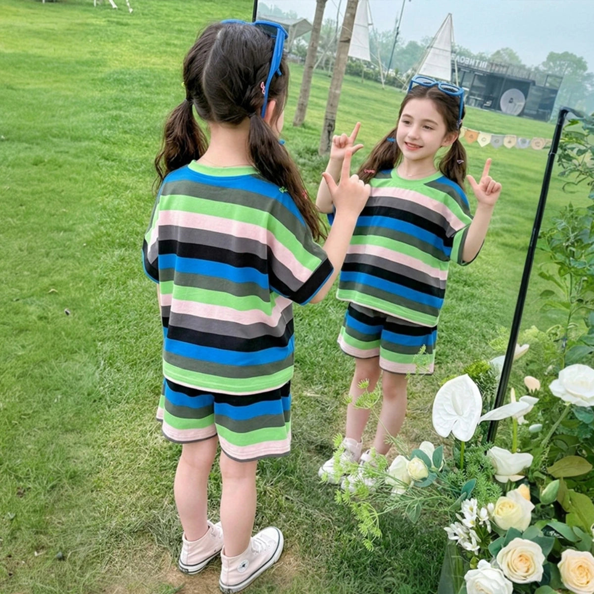 Girls Green Striped Drop Shoulder T-Shirt With Elasticated Shorts Sets Sets
