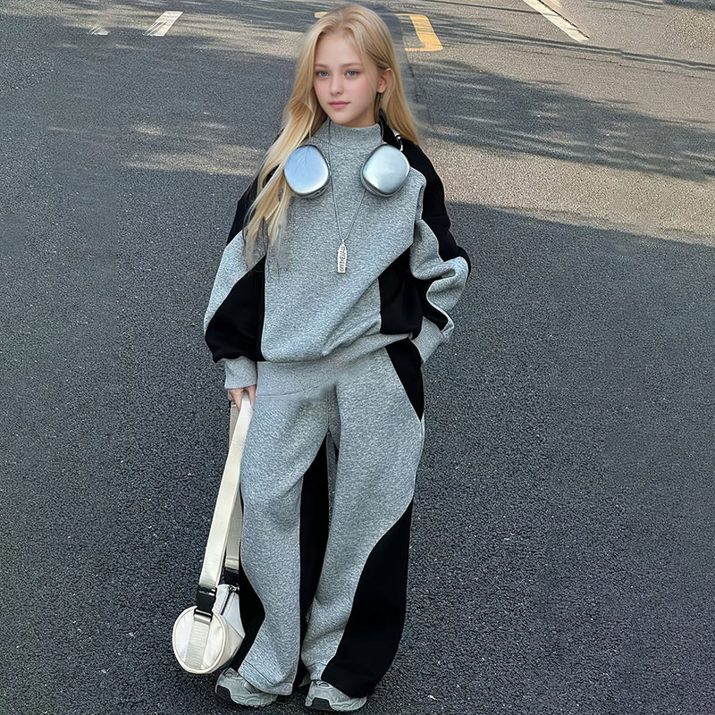 Girls Dark Grey Colorblocked High Neck Sweatshirt With Pants Sets 2 pc. Sets Dark Grey 5-6 Y