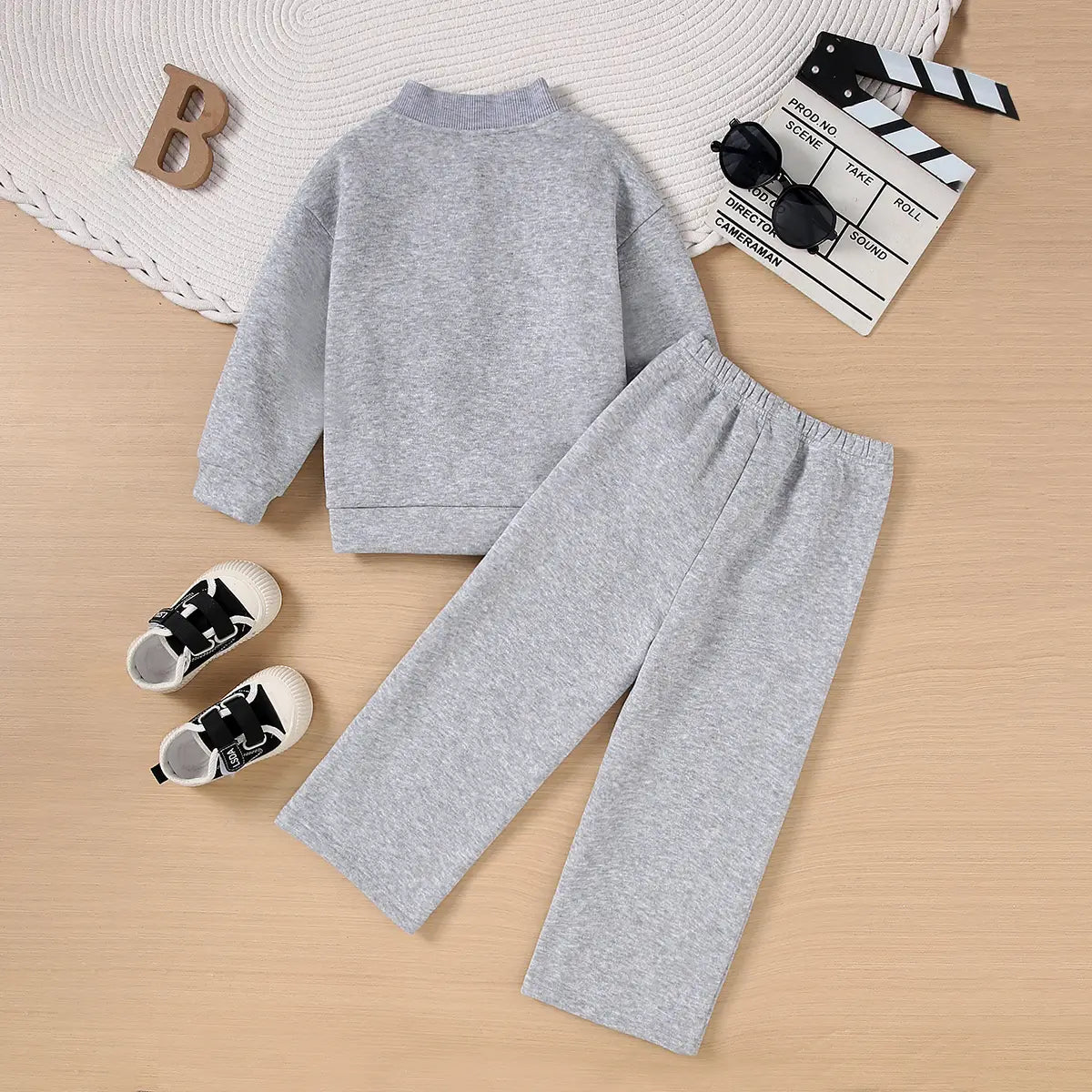 Boys Grey Letter B Embroidered Baseball Style Jacket With Pant Sets Sets