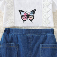 Girls White Short Sleeve Butterfly Print Top With Denim Skirt Set 2 pc. Sets