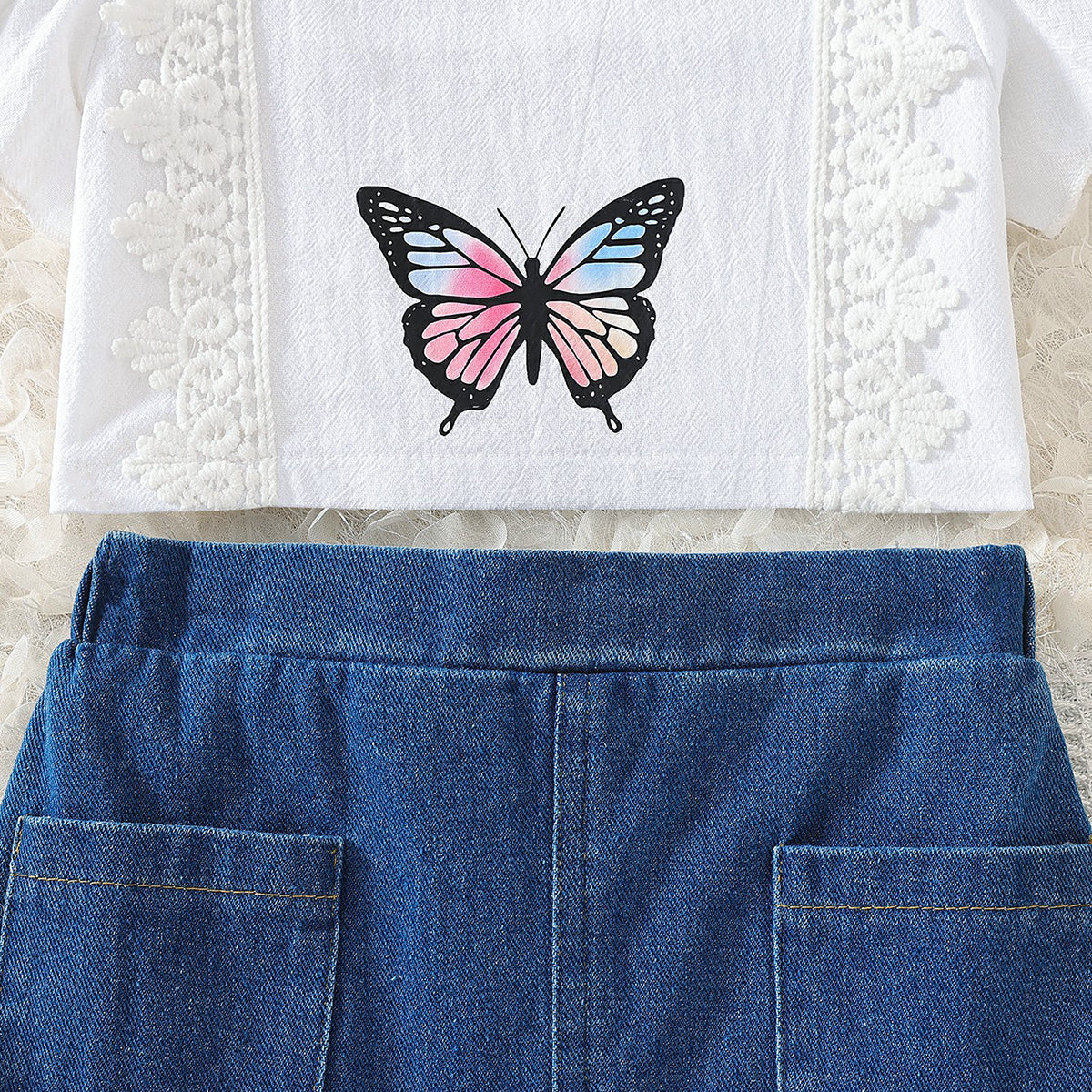 Girls White Short Sleeve Butterfly Print Top With Denim Skirt Set 2 pc. Sets