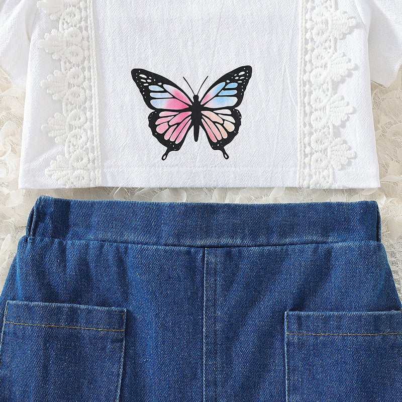 Girls White Short Sleeve Butterfly Print Top With Denim Skirt Set 2 pc. Sets