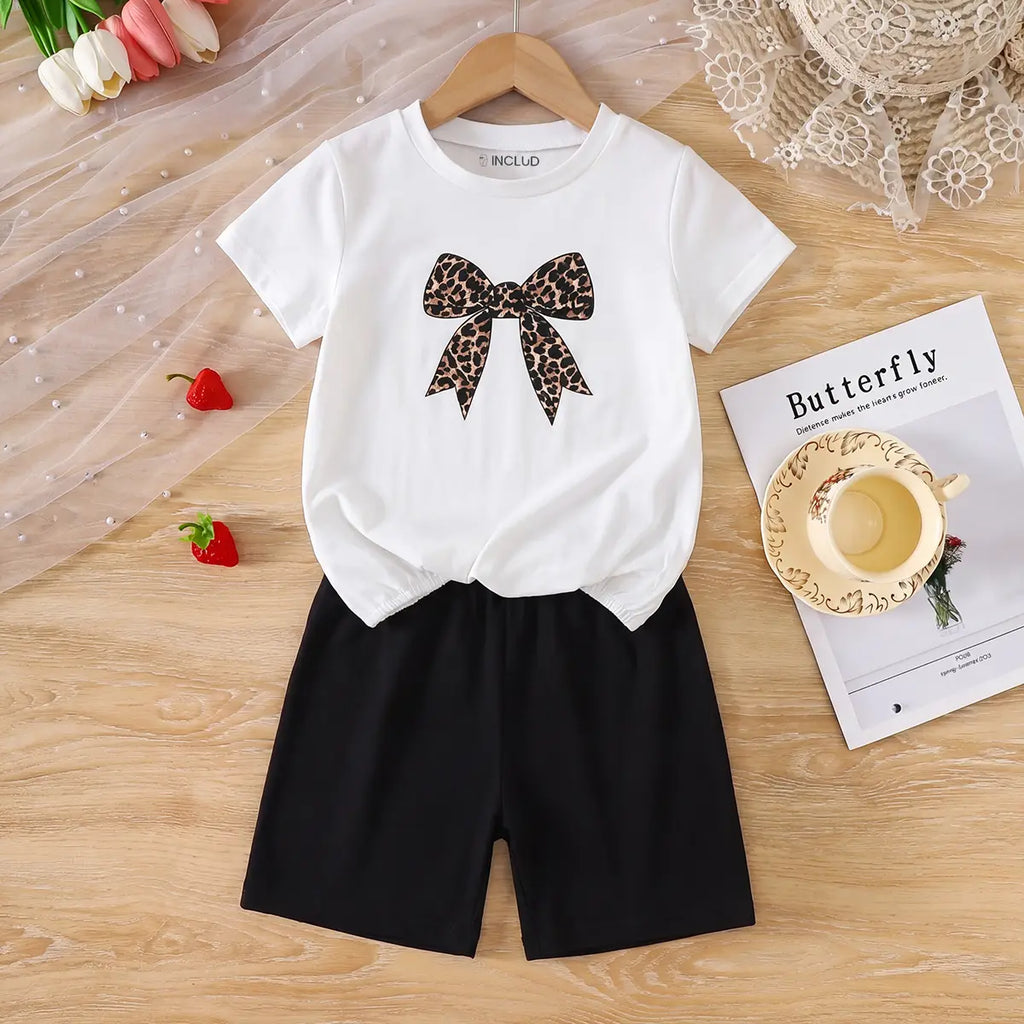 Girls White Leopard Bow Print T-Shirt With Elasticated Shorts Sets Sets White 3-4 Y