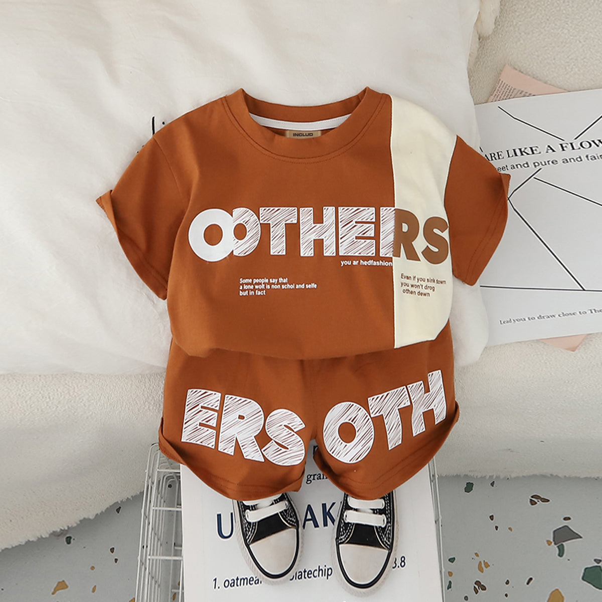 Boys Brown Typographic Printed Color-blocked T-Shirt With Shorts Set 2 pc. Sets Brown 1-2 Y