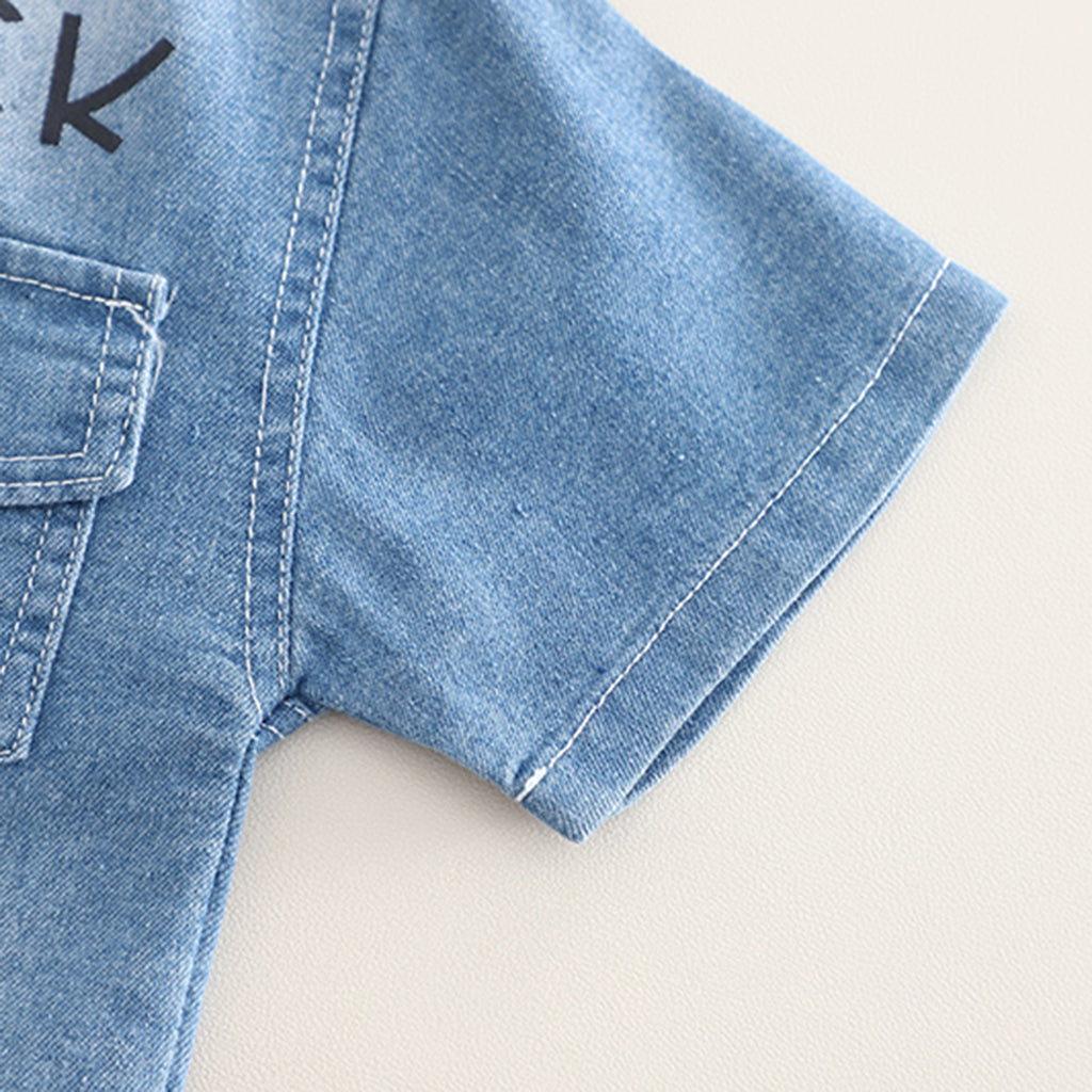 Boys Light Blue Denim Shirt With Typographic Printed T-shirt And Shorts Set 3 pc. Sets