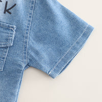 Boys Light Blue Denim Shirt With Typographic Printed T-shirt And Shorts Set 3 pc. Sets