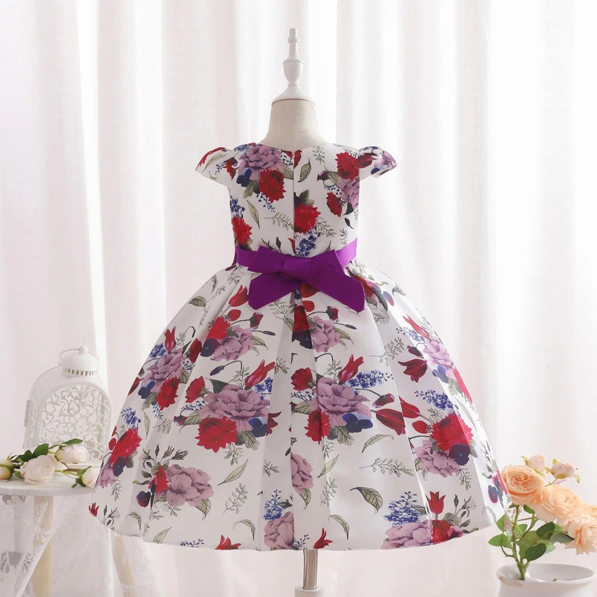 Girls Purple Floral Printed Cap Sleeve Fit & Flare Party Wear Dress Party Dresses
