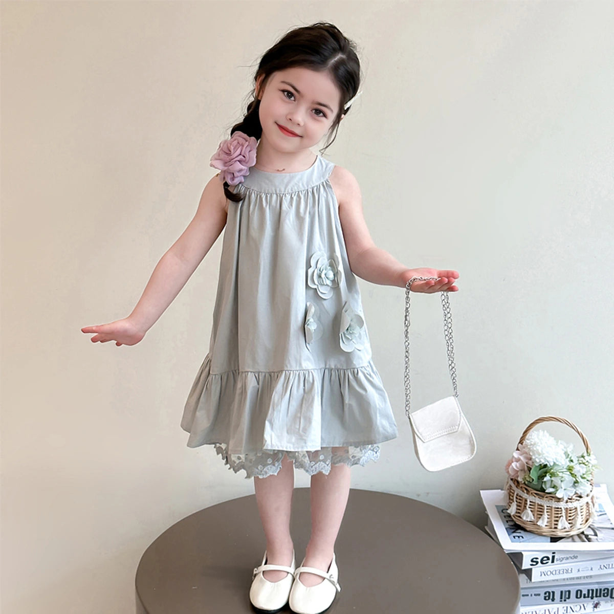 Girls Blue Flowers Applique Sleeveless Summer A-line Dress Casual Dresses Blue 1-2 Y