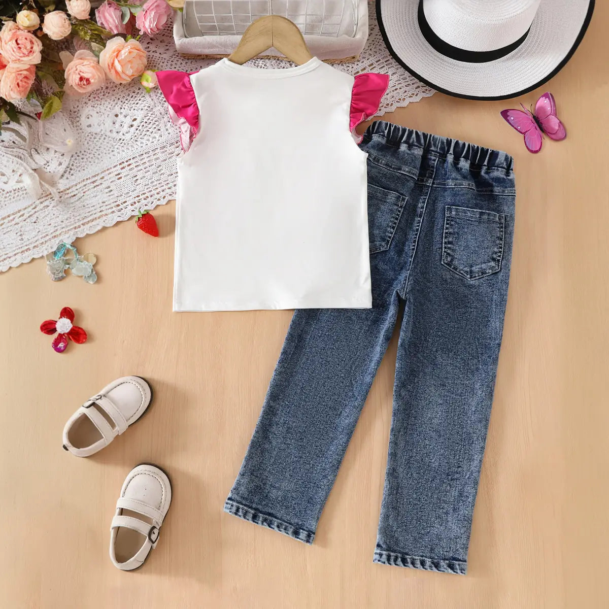 Girls White Butterfly Themed Top With Floral Embroidered Denim Pants Set Sets