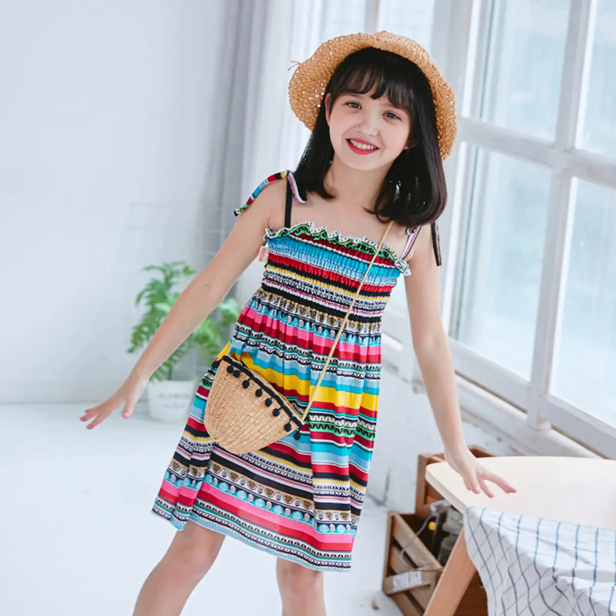 Girls Multicolor Stripes A-line Dress With Smocking Details Casual Dresses