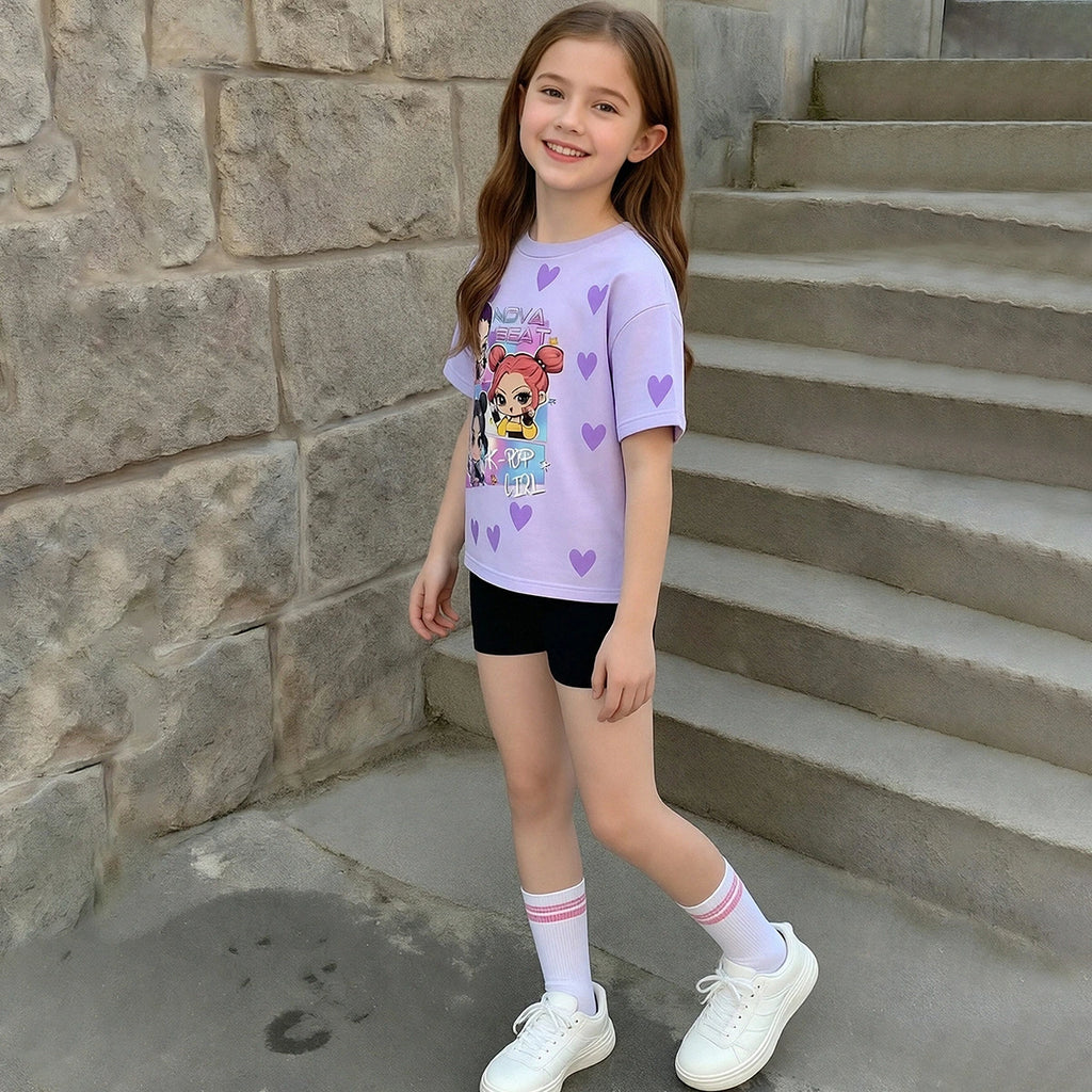Girls Purple Graphics K-pop Print T-Shirt With Shorts Set Sets
