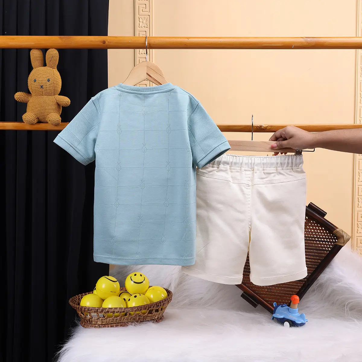 Boys Light Blue Bear Motif Short Sleeve T-Shirt With Shorts Sets Sets
