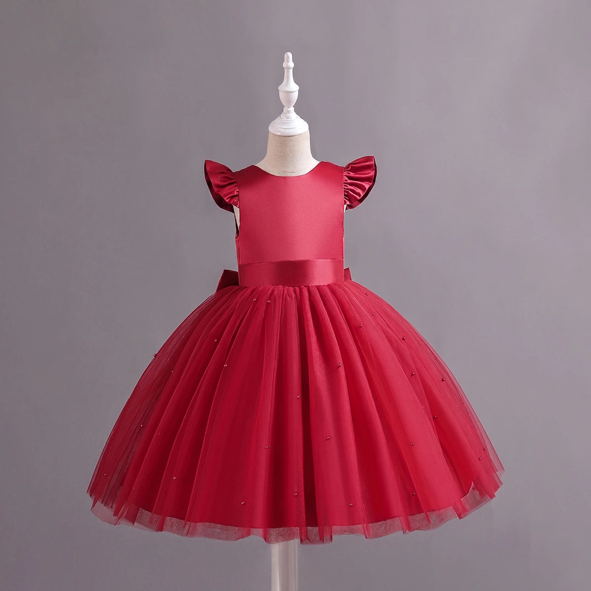 Girls Red Pearl-Embellished Flutter Sleeve Party Wear Dress Party Dresses Red 1-2 Y