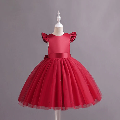Girls Red Pearl-Embellished Flutter Sleeve Party Wear Dress Party Dresses Red 1-2 Y