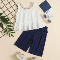 Girls White Sleeveless Peplum Top with Embellished Neckline & Pants Sets Sets White 2-3 Y