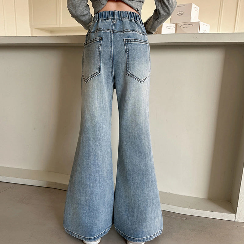 Girls Blue Bow Applique Flared Denim Jeans Pants
