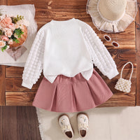 Girls White Heart Applique Puff Sleeve Top With Skirt Sets 2 pc. Sets