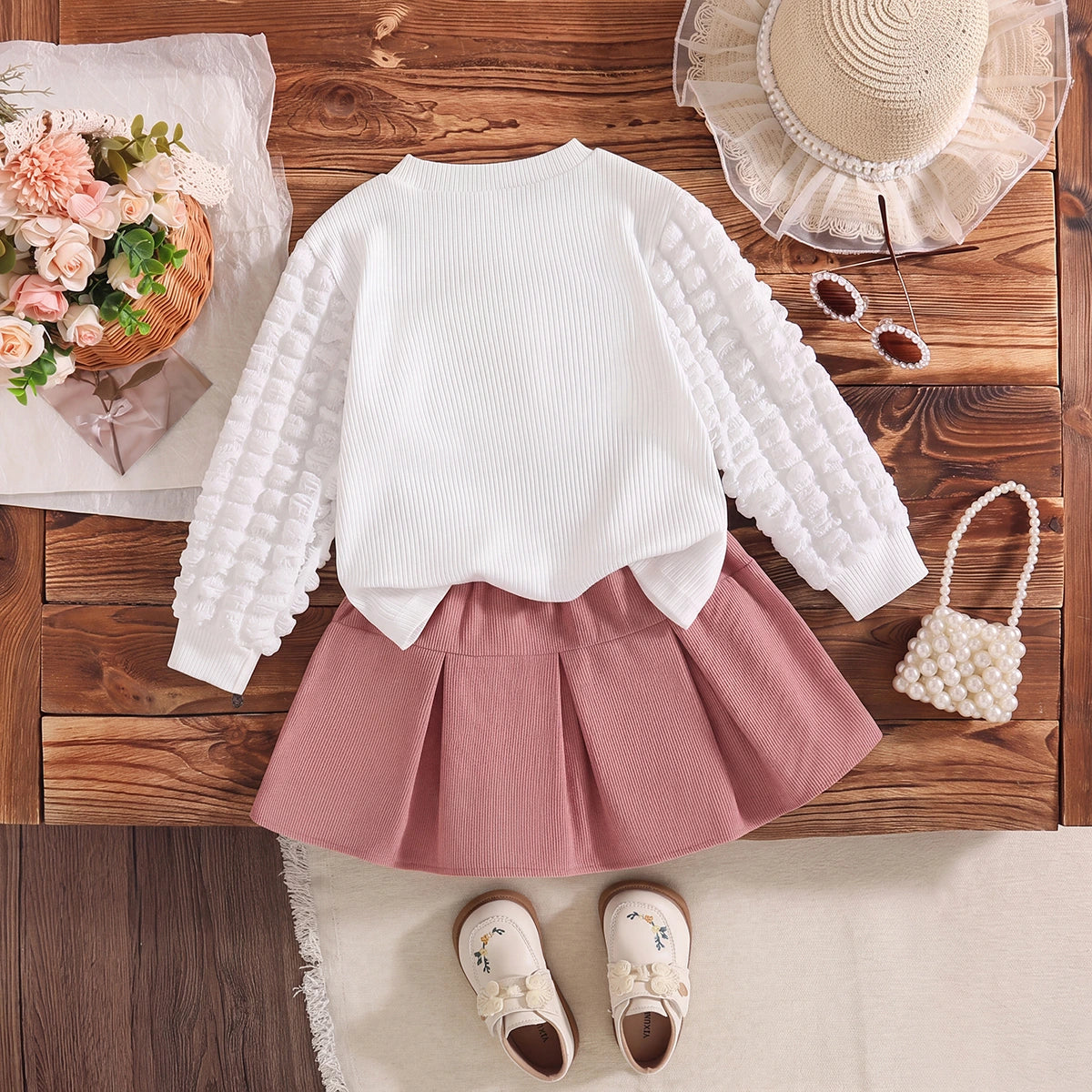 Girls White Heart Applique Puff Sleeve Top With Skirt Sets 2 pc. Sets