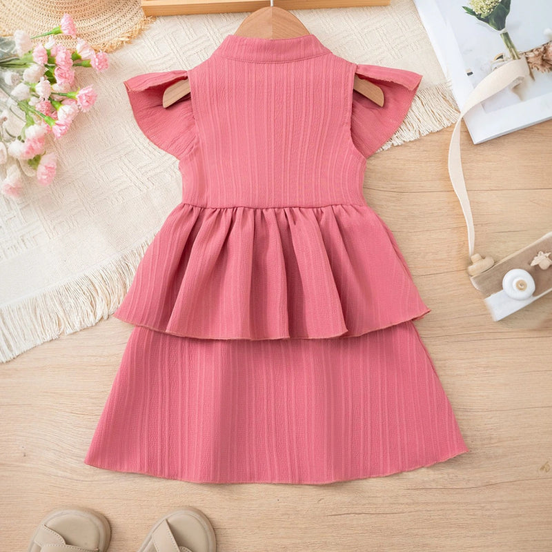 Girls Pink Self Stripes Layered Dress With Button Details Casual Dresses