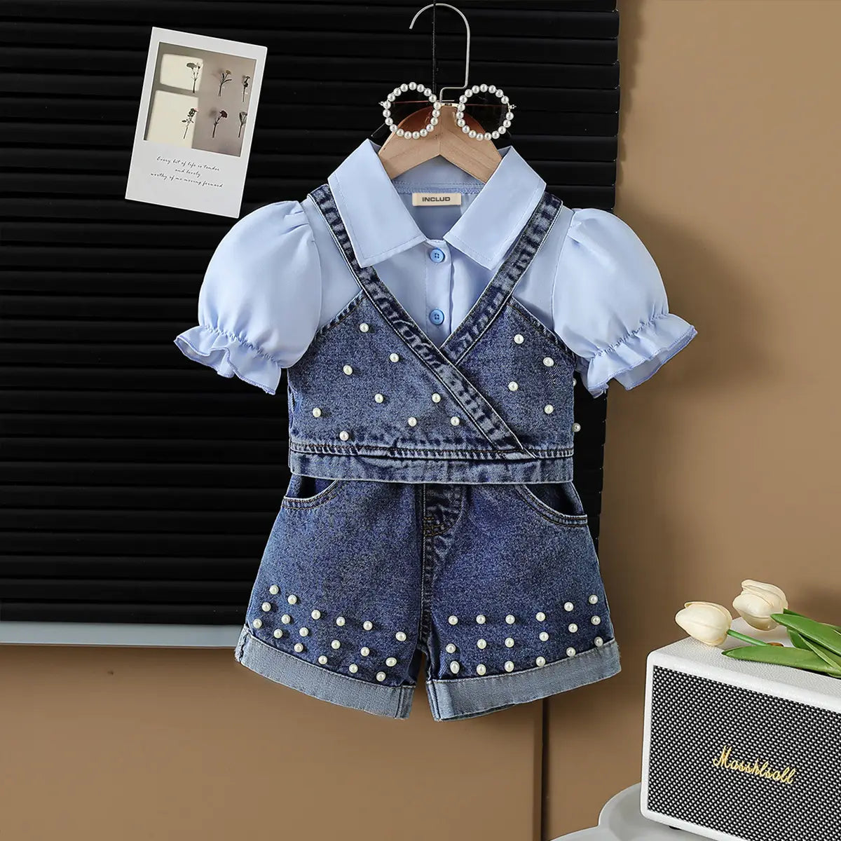 Girls Blue Short Sleeves Crop Top With Pearl Embellished Denim Vest And Shorts Sets Sets Blue 3-4 Y