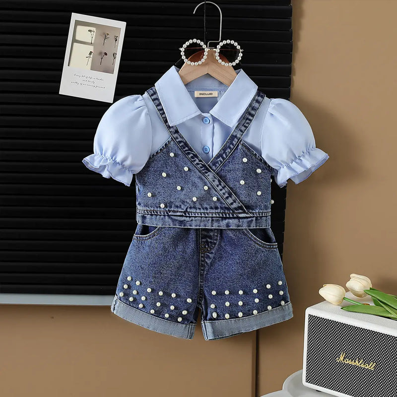 Girls Blue Short Sleeves Crop Top With Pearl Embellished Denim Vest And Shorts Sets Sets Blue 3-4 Y