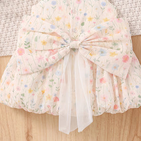 Girls Multicolor Floral Print Sleeveless Balloon Dress With Bow Applique Casual Dresses
