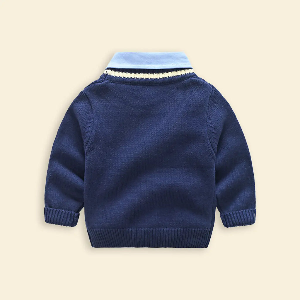 Boys Navy Blue Self-Design Cardigan With Shirt Collar Sweaters & Cardigans