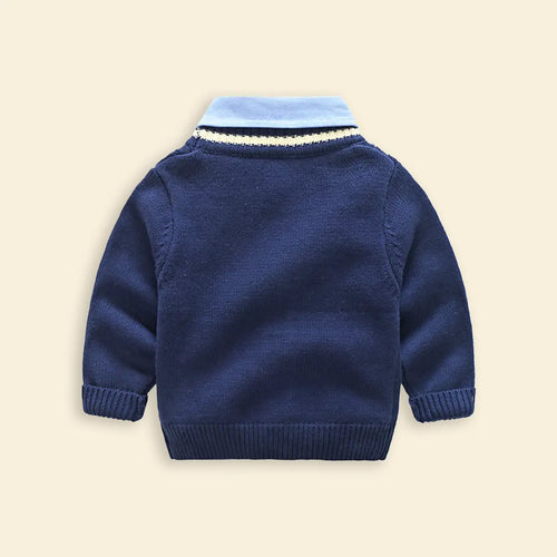Boys Navy Blue Self-Design Cardigan With Shirt Collar Sweaters & Cardigans