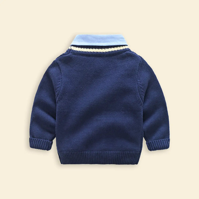 Boys Navy Blue Self-Design Cardigan With Shirt Collar Sweaters & Cardigans