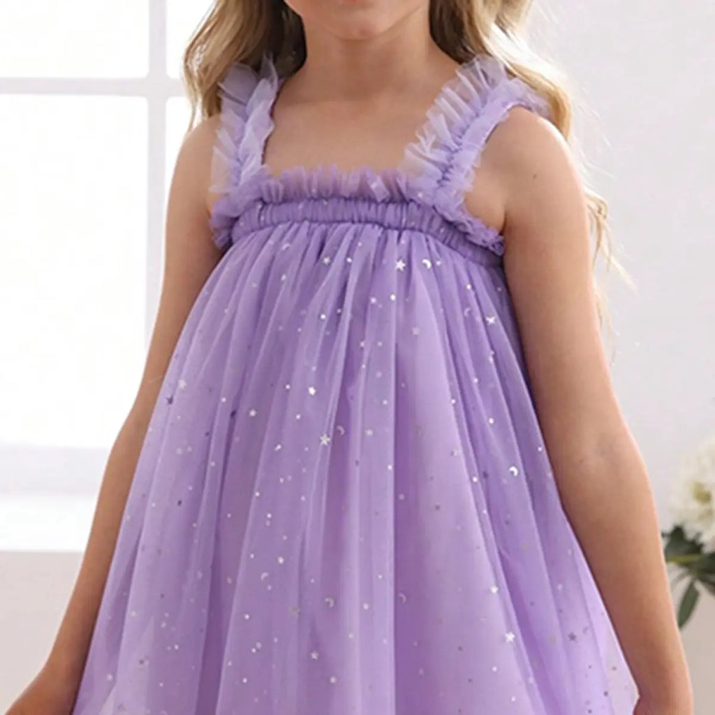 Girls Purple Polka Dot Print Tulle Overlay Sleeveless A-line Dress Casual Dresses