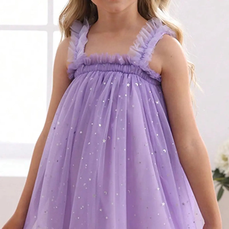 Girls Purple Polka Dot Print Tulle Overlay Sleeveless A-line Dress Casual Dresses