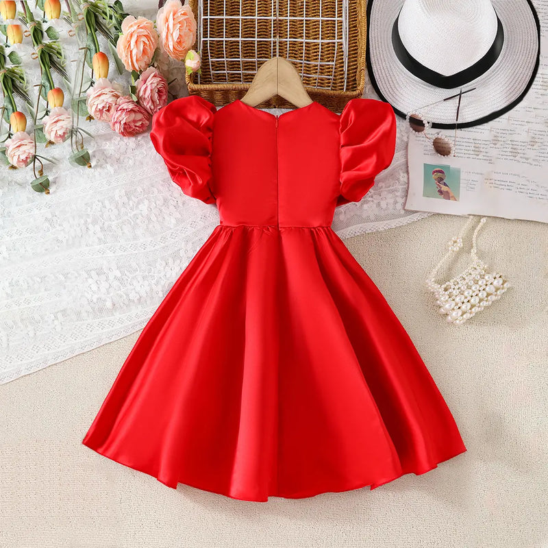 Girls Red 3D Flower Applique Fit & Flare Party Wear Dress Party Dresses