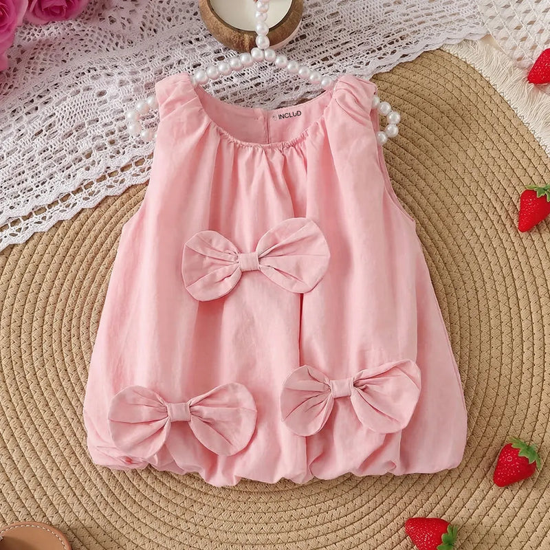 Girls Pink Solid Sleeveless Balloon Dress With Bow Details Casual Dresses Pink 1-2 Y