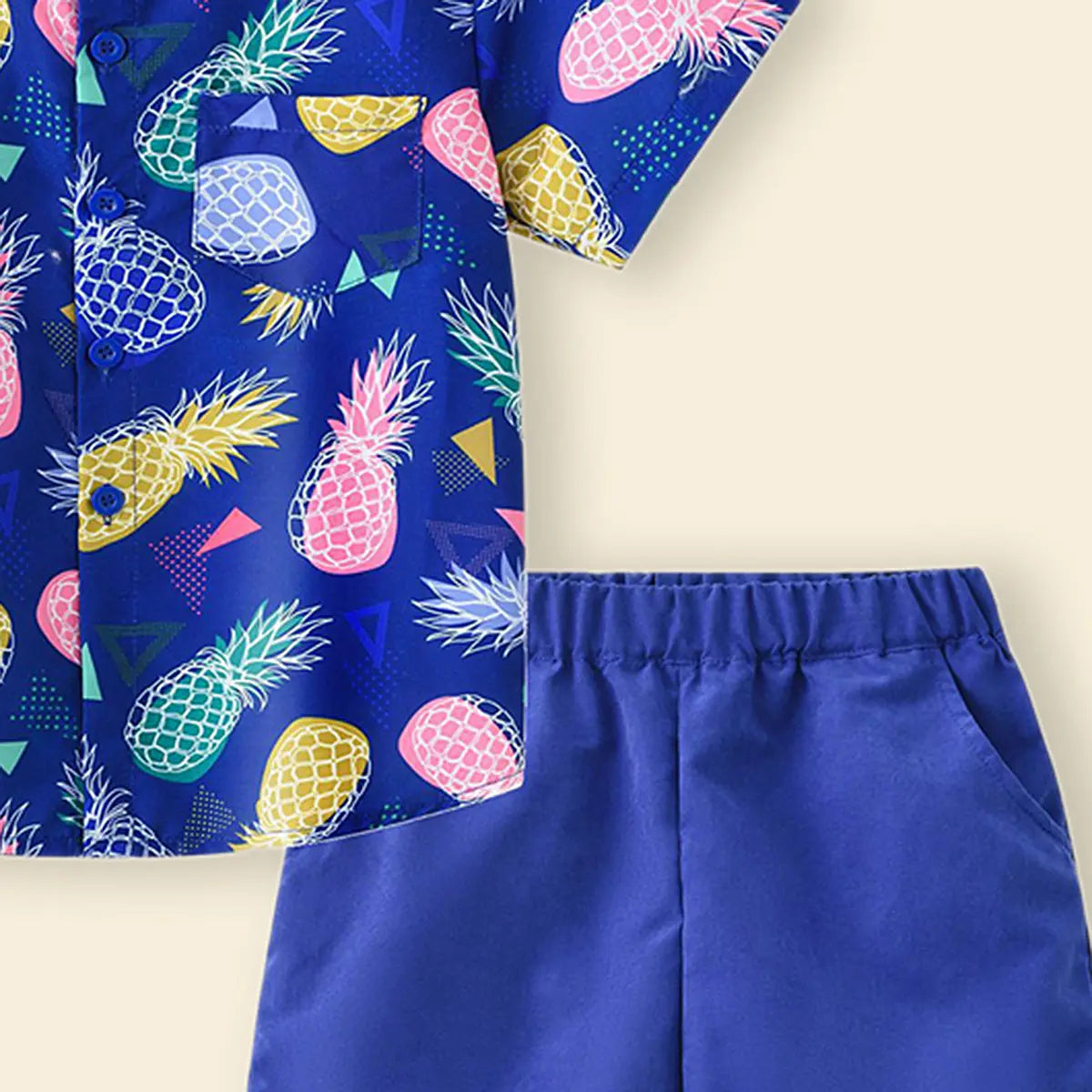 Boys Blue Pineapple Print Short Sleeves Shirt With Shorts Set Sets