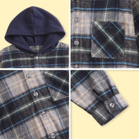 Boys Navy Blue Checked Long Sleeve Hooded Shirt Shirts