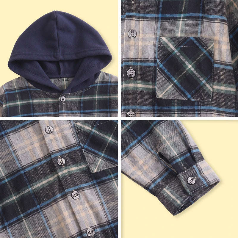 Boys Navy Blue Checked Long Sleeve Hooded Shirt Shirts