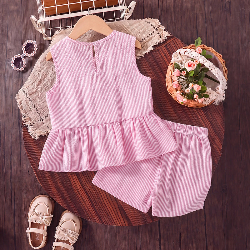 Girls Pink Striped Sleeveless Peplum Top With Shorts Sets 2 pc. Sets