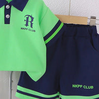 Boys Green Typographic Print Polo T-Shirt With Shorts Set Sets