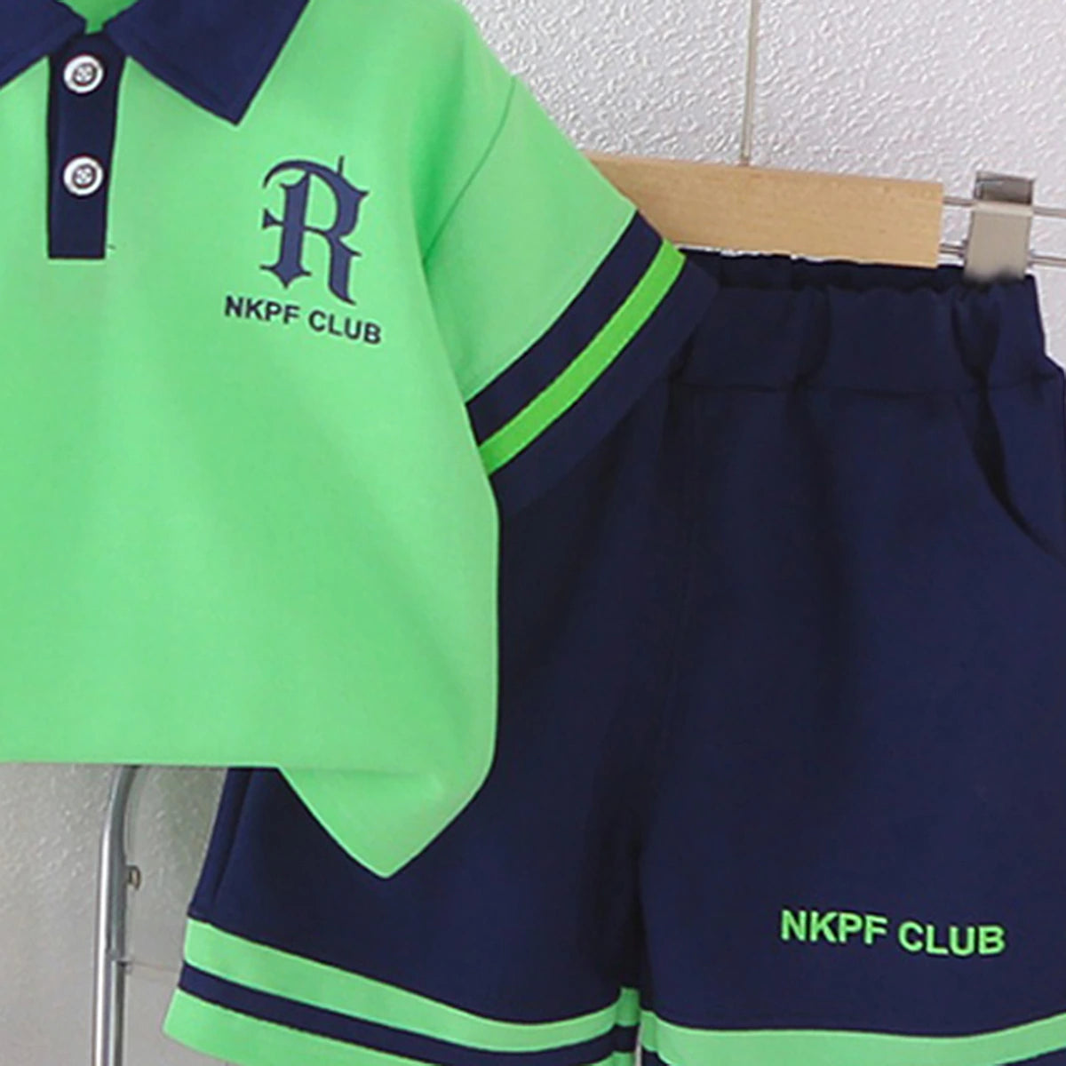 Boys Green Typographic Print Polo T-Shirt With Shorts Set Sets