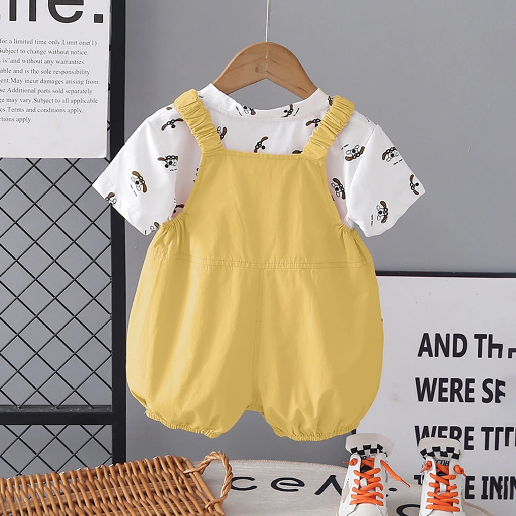 Girls Yellow Embroidered Dungaree With Puppy Print T-Shirt Set Sets