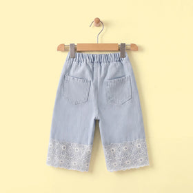 Girls Light Blue Floral Lace Hem Wide-Leg Denim Jeans Pants
