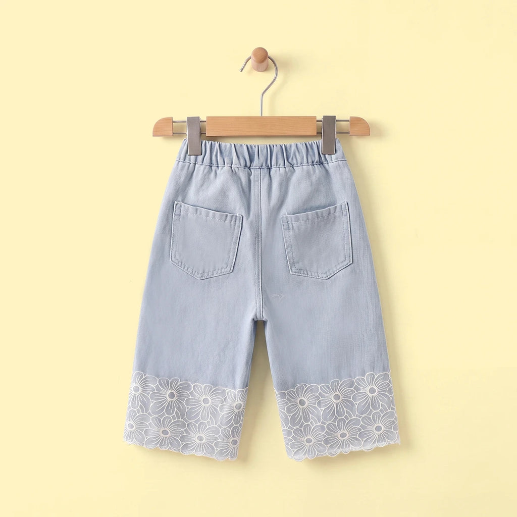 Girls Light Blue Floral Lace Hem Wide-Leg Denim Jeans Pants