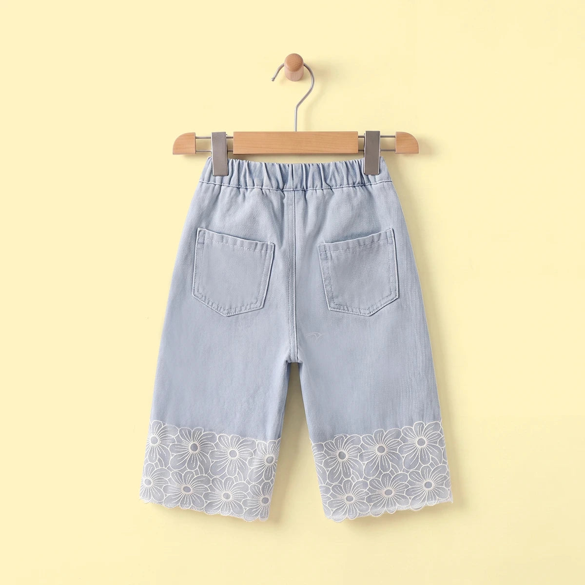 Girls Light Blue Floral Lace Hem Wide-Leg Denim Jeans Pants