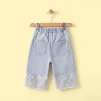 Girls Light Blue Floral Lace Hem Wide-Leg Denim Jeans Pants